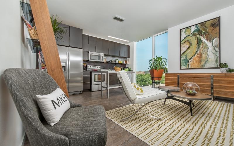 a living room with a couch and a table