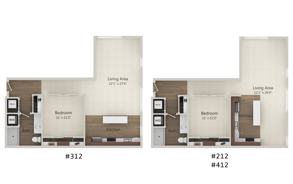 1C - 1 bedroom floorplan layout with 1 bathroom and 787 square feet (2D)