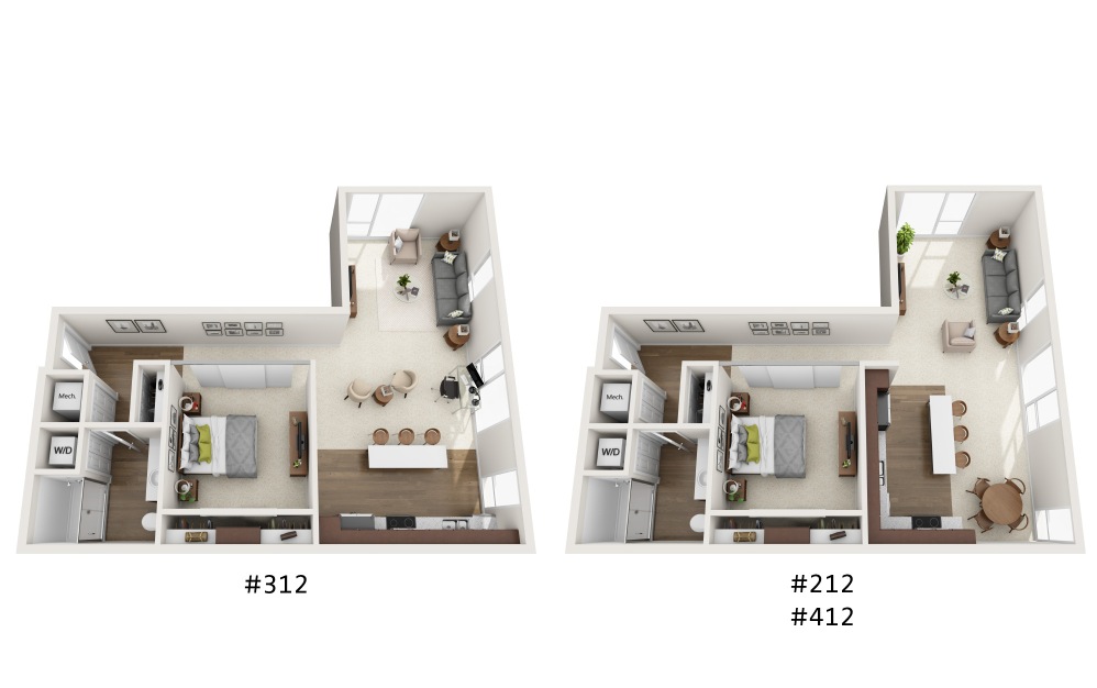 1C - 1 bedroom floorplan layout with 1 bathroom and 787 square feet (3D)