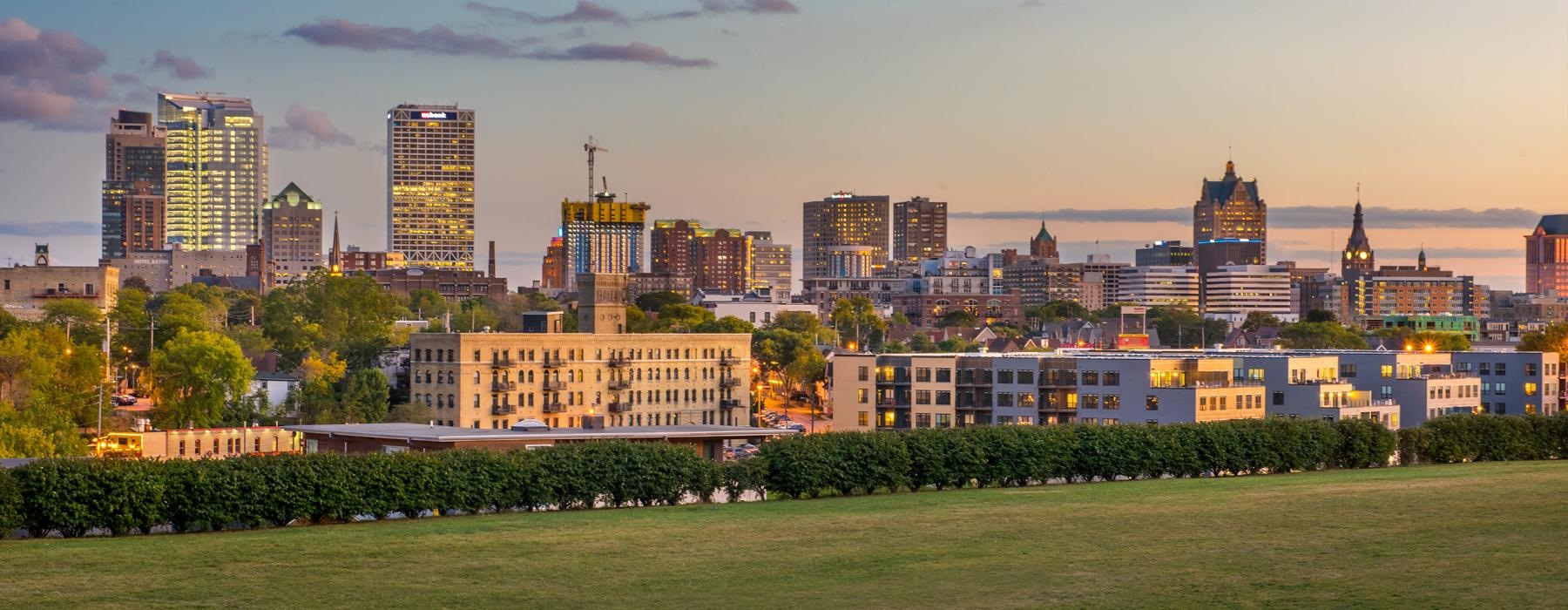 a city skyline with a large field in front of it